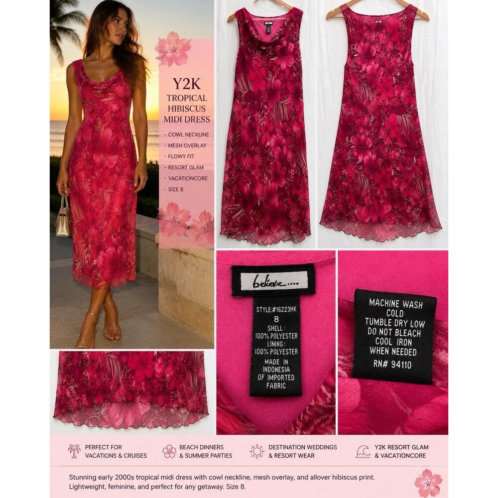 EUC VTG Y2K Pink Hibiscus Mesh Midi Dress Cowl Neck Vacationcore Resort Glam 8